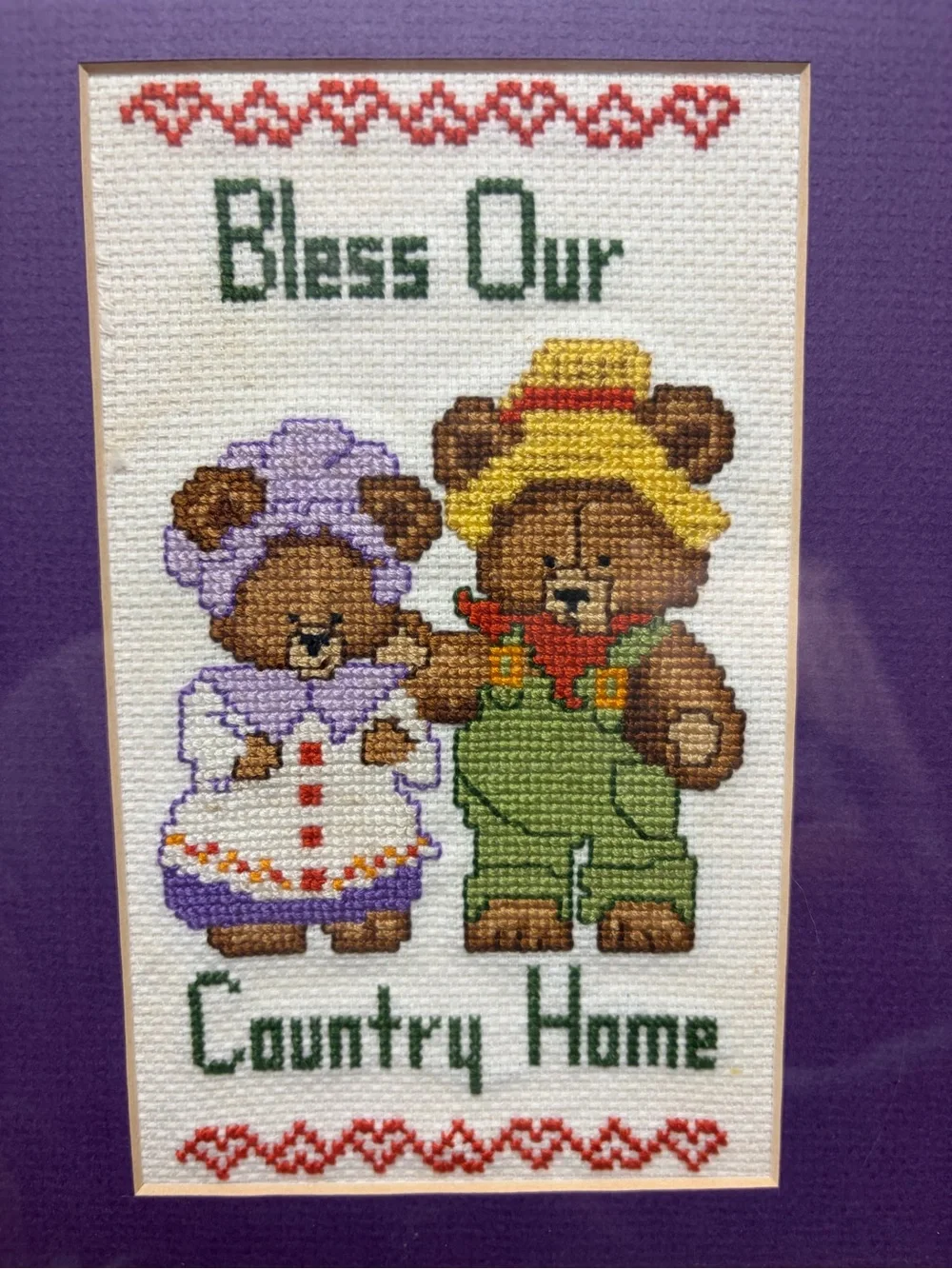Bless Our Country Home Country Bears Framed Cross Stitch - Purple Mat
